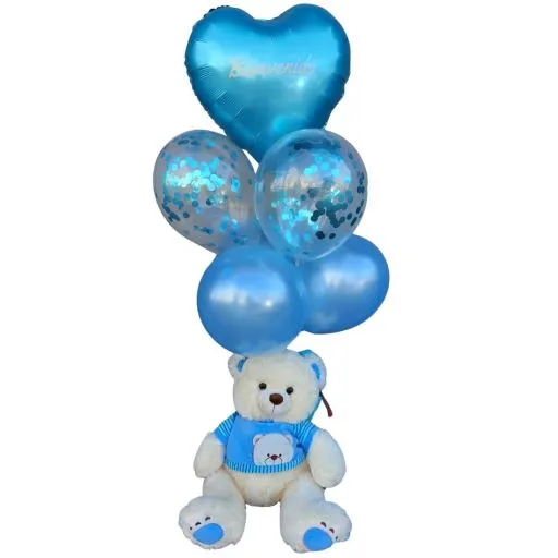 Arreglo de globos de nacimiento con peluche bienvenido